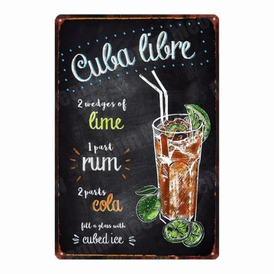 Cuba libre metal poster with recipe for famous cocktail